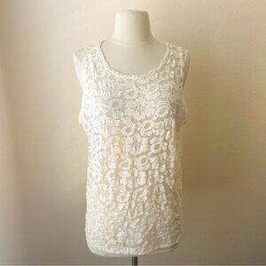 Ivory Cream Vintage Lace Sleeveless Blouse Relaxed Fit Flowy Tank Top Women’s
